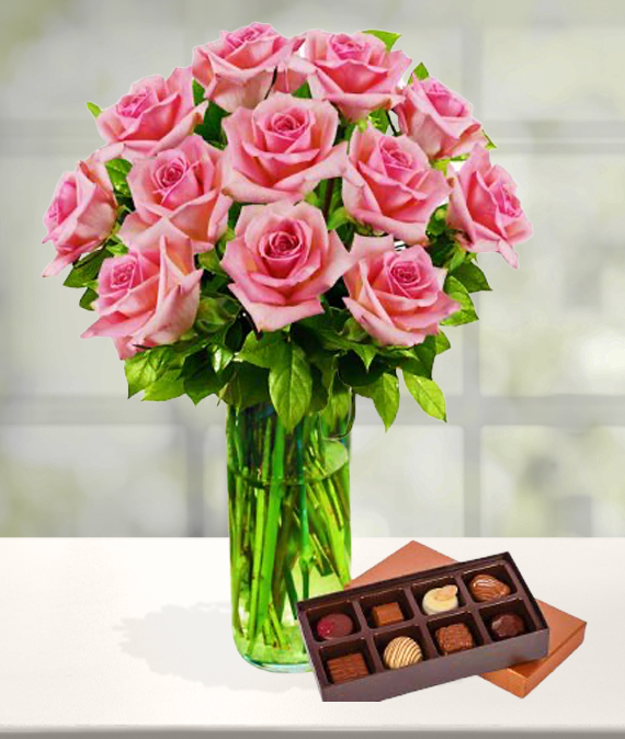 12 Pink Roses & Chocolates | Avas Flowers
