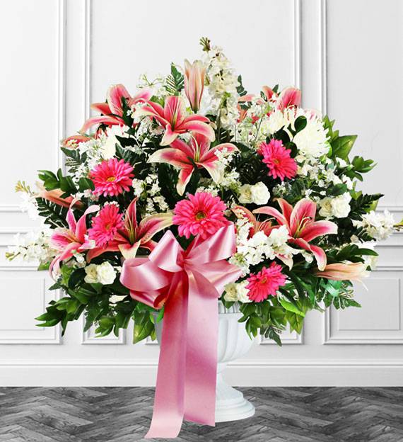 Pink & White Sympathy Floor Basket | Avas Flowers