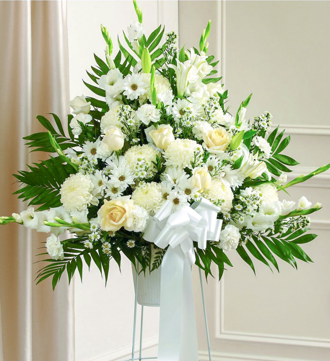 White Sympathy Standing Basket | Avas Flowers